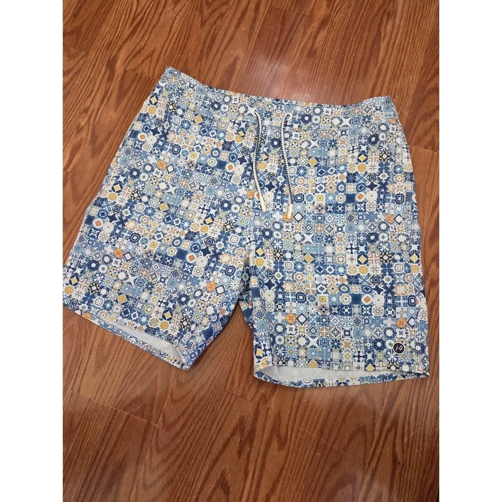 Johnnie-O Mens‎ Mosaic Tile Print Swim Trunks Blue Orange Board Shorts Size L